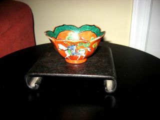 Antique Lotus Shaped Chinese Bowl Handpainted Warriors Ming Dynasty Style Stand photo