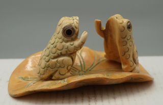 Hand Carved & Etched Carving - Two Frogs On Lily Leaf photo