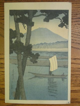 Hasui Japanese Woodblock Print Mount Fuji With Sail - Boat C.  1930s photo