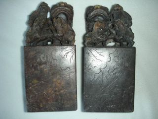 Pair Of Antique Chinese Carved Soap Stone Foo Dog Letter Seals / Bookends photo