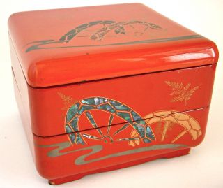 Antique - Japanese Lacquer - Stacked Box - Mother Of Pearl Inlaid photo