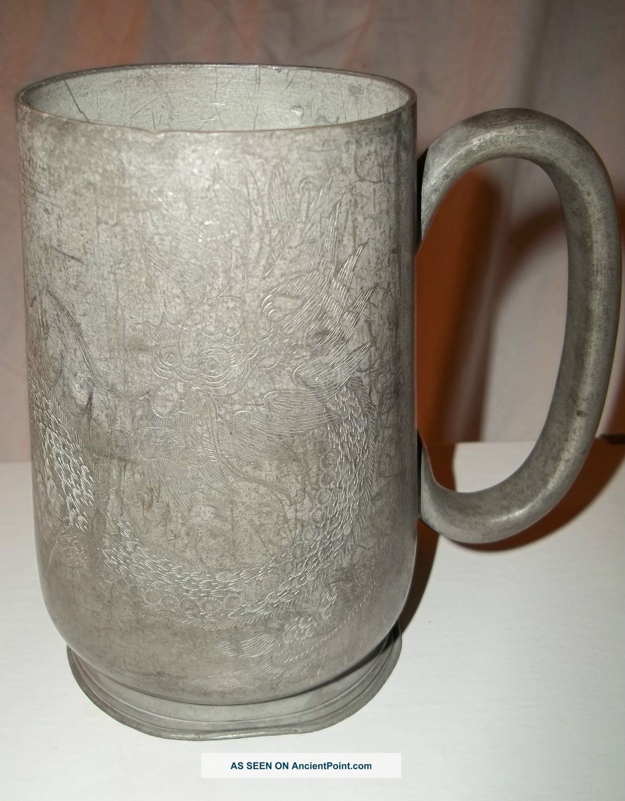 1800 ' S Kut Hing Pewter Swatow Dragon Etched Beer Mug W/ Stamped Characters Unknown photo