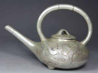 Rare Chinese Old White Copper Wonderful Handwork Carving Dragon Tea Pot photo