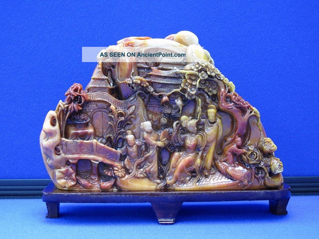 Fine Antique Chinese Carved Nephrite Jade Imperial Palace Scene With Wood Stand Other photo