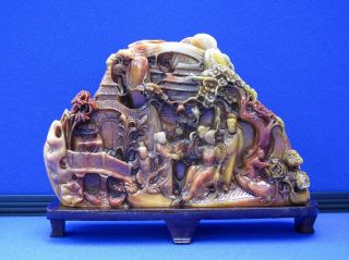 Fine Antique Chinese Carved Nephrite Jade Imperial Palace Scene With Wood Stand photo
