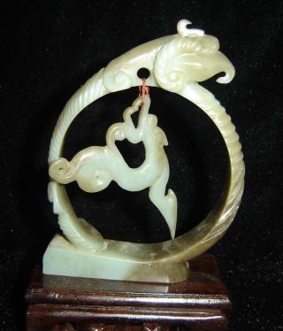 Old Chinese Hetian Jade Carved Dragon And Phoenix Carving photo