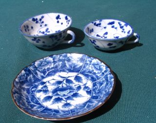 3 Odd Old Chinese Japanese Blue & White Canton Pottery Signed 14.  95 photo