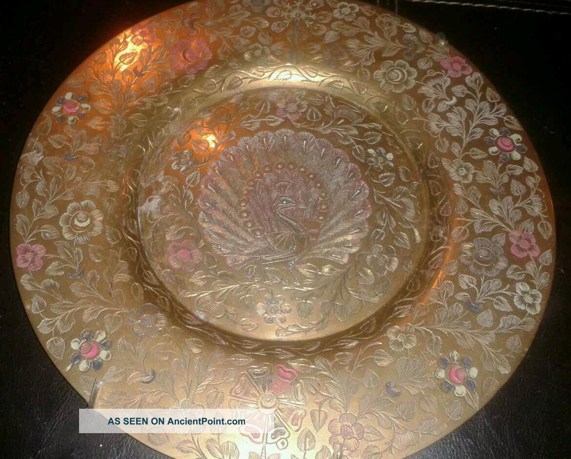 Antique Korean Brass Plate Handpainted Engraved Peacock Korea photo