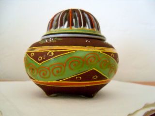 Antique Japanese Incense Burner Bowl Hand Painted Porcelain Green Red Brown photo