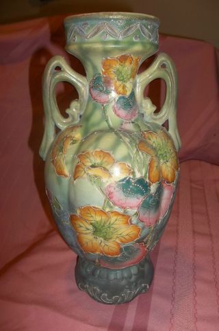 Old Japanese Nippon ? Earthen Ware Floral Decorated Handled Vase photo