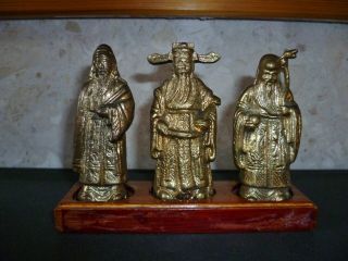 Vintage Set Three Chinese Immortals - Solid Gilted Brass On Wooden Stand photo