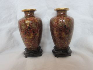 Pair Of Cloisonne Vases - Chrysanthemum,  With Carved Wooden Stands photo