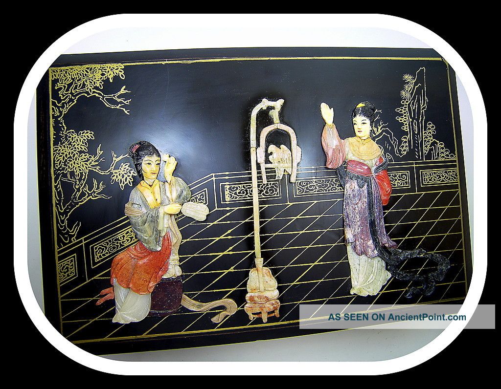 Antique Chinese Lacquer Carved Mother Of Pearl Box Boxes photo