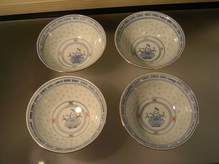 Chinese Rice Bowls Signed Set W/ Serving Bowl,  Hand Painted Porcelain Blue White photo