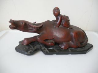 Antique Asian Wood Carving Oxen And Man photo
