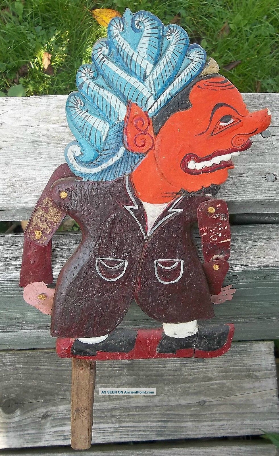 Antique Macabre Grinning Devil Enamelled Wood Thailand Figural Shadow Puppet N/r Other photo