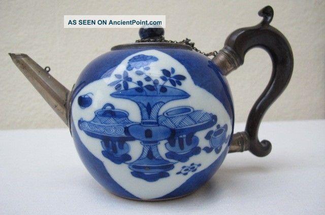 Early Chinese Silver Mounted Blue & White Porcelain Teapot Porcelain photo