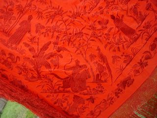 Antique Chinese Embroidery Shawl Red Crane Hunter Figure Butterfly Peacock photo