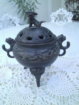 Antique Asian Bronze Incense Burner ~ Footed W/ Lid ~foo Fu Dog~chinese? Old photo