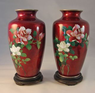 Vintage Pair Of Japanese Ginbari Cloisonne Vases C.  1950 photo