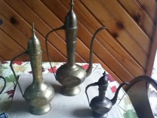 Vintage Indian Brass Surahi Hand Etched Pot Teapot Oil Decanter Set photo