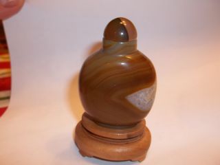 Carved Snuff Bottle Shaded Banded Agate W/ Crystalloid Area And Wood Base photo