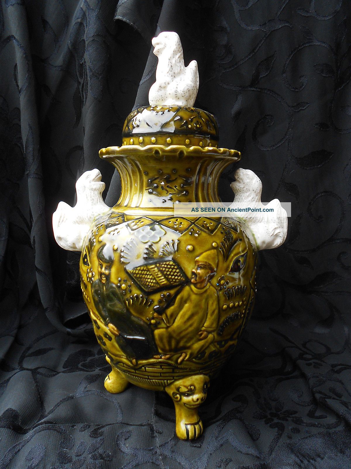 Vintage Asian Moss Green Porcelain Jar Urn,  W/ Foo Dog Feet,  Handles & Top Unknown photo