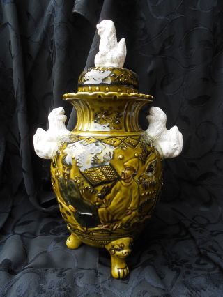 Vintage Asian Moss Green Porcelain Jar Urn,  W/ Foo Dog Feet,  Handles & Top photo