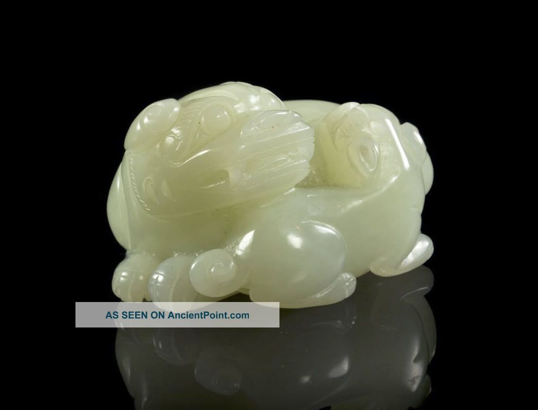 Antique Chinese Carved Celadon Nephrite Scholars Jade Qilin Foo Dog Group 19th C Snuff Bottles photo