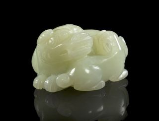 Antique Chinese Carved Celadon Nephrite Scholars Jade Qilin Foo Dog Group 19th C photo