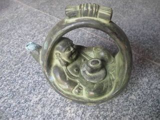 Ancient Wine Pot Carven Amitabha Buddha Round Handle Bronze Exquisite photo