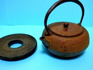 Japanese Iron Teapot Tetsubin Brown Antique Gotoku With Figurines photo