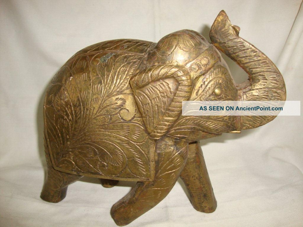 Old Rare Golden Brass Carving Fitted Elephant Statue Figurine India photo