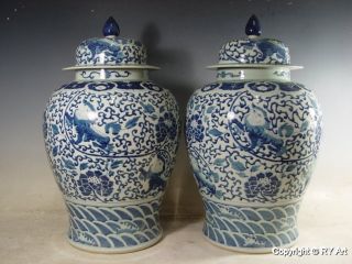 Pair Chinese Blue White Porcelain Temple Jar 22 
