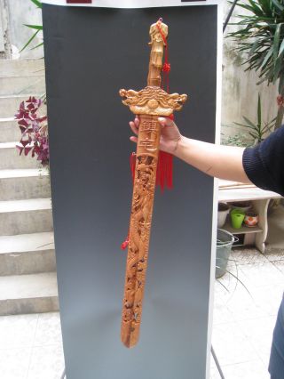 Beautifully Hand Yangzhou Hollow Carved Dragon Mahogany Lucky Sword Nr photo
