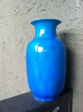 Gorgeous Chinese Qing Dynasty Blue Glaze Flower - Carved Vase photo