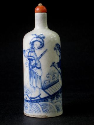 19th Chinese Blue & White Painted Porcelain Snuff Bottle Women Sampan Signed photo