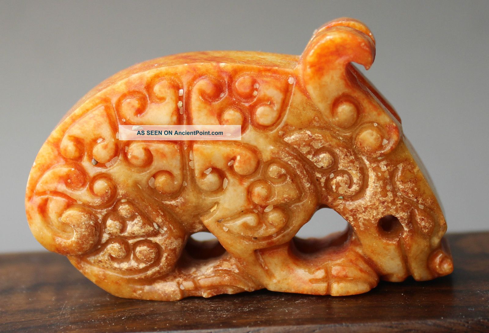 Ancient Chinese Old Hetian Green Jade Hand - Carved,  Statues (red Beast) 2.  7inch Other photo