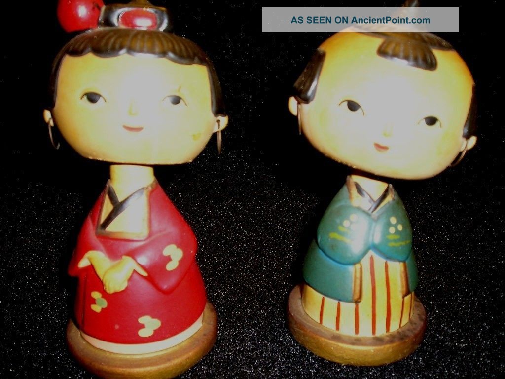 Japanese Hand Made Bobble - Head Dolls - Vintage - Set Of Two Statues photo