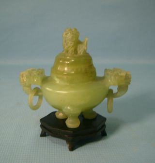 Vintage Jade Stone Foo Dog Incense Censer On Custom Made Stand C Early 1900s U photo