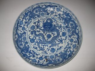 Qing Dynasty Blue Whited Porcelain 5 Dragon Platter photo