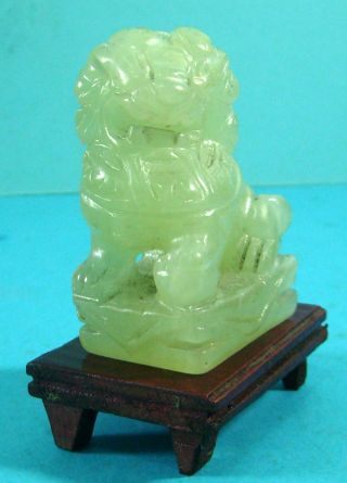 Antique China Jade Foo Dog With Wood Stand Hand Carved 1900s U photo