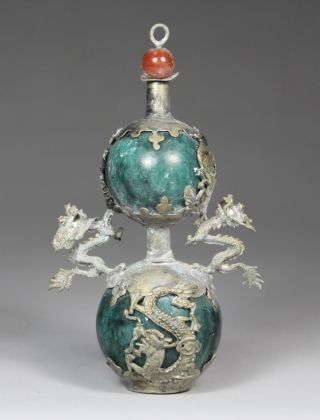 Chinese Old Jade Wonderful Handwork Armored Dragon Coral Lid Snuff Bottle photo