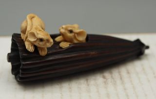 Hand Carved Japanese Wooden & Bone Netsuke - Rats On An Umbrella - Moving Parts photo