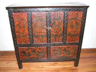 Antique Asian Tibet 2 Door Cabinet Chest With Two Drawers photo
