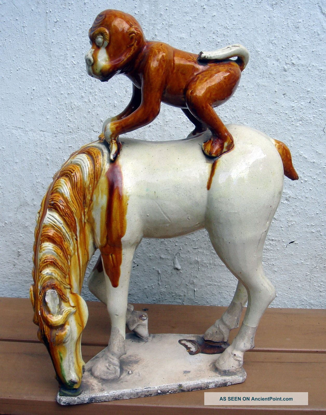 Antique Chinese Asian 18c Large Sancai Glazed Tang Horse W/ Monkey Rider Plates photo