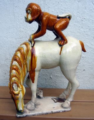 Antique Chinese Asian 18c Large Sancai Glazed Tang Horse W/ Monkey Rider photo