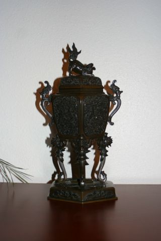 19th Century Antique Oriental Bronze Incense Burner Censer Shishi Fu Foo Dog photo