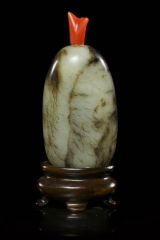 Antique Chinese Carved White Jade & Coral Snuff Bottle Qing Dynasty 1750 - 1850 photo
