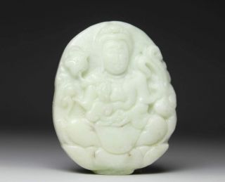 Chinese Old Natural White Jade Handwork Carving Embossment Buddha Pendant photo